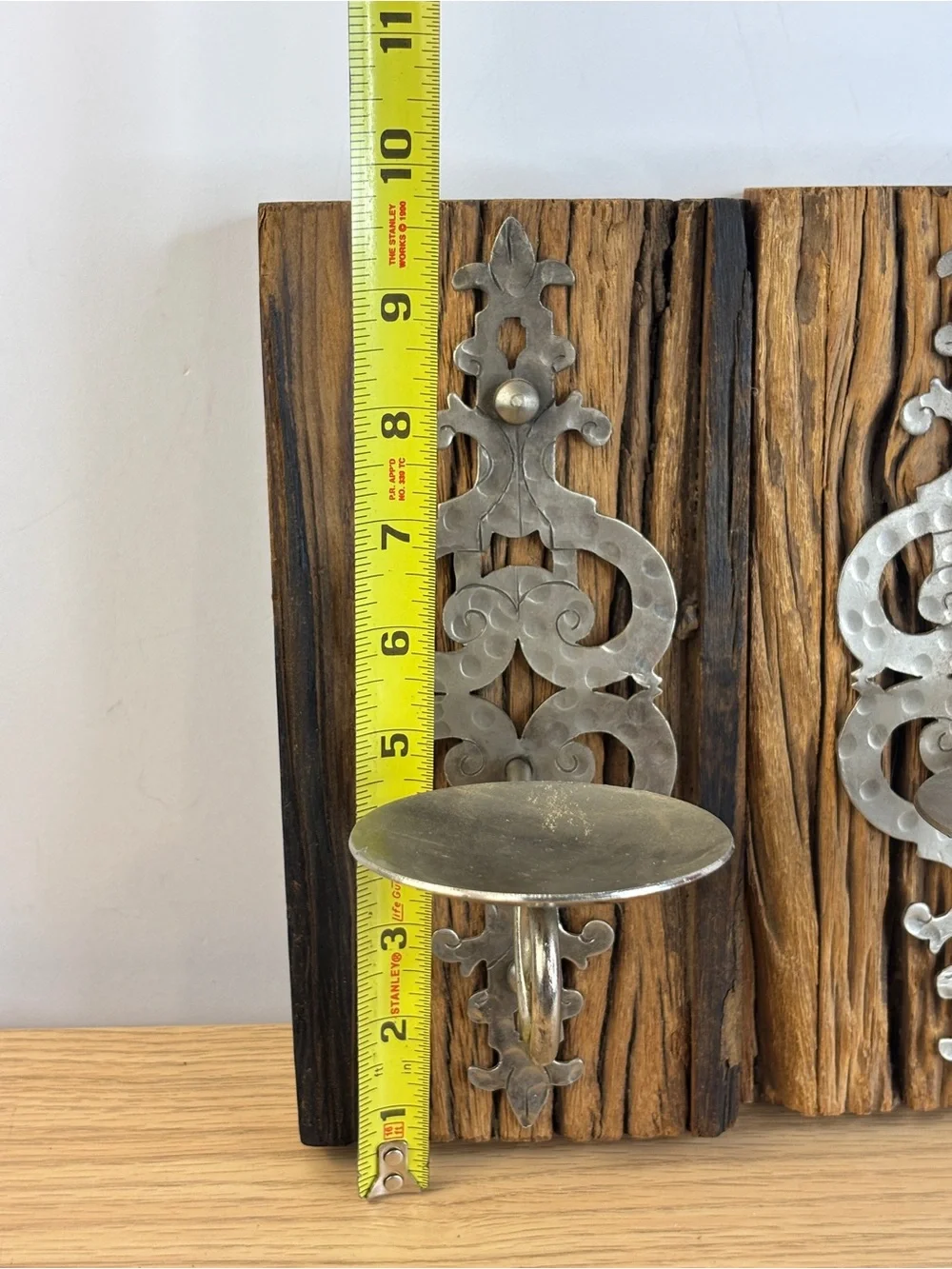 VTG Rustic Wood Wall Sconces w/Ornate Silver-Tone Metal Holders- World Market